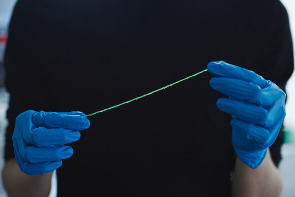 An image of two blue-gloved hands holding a green strand of Werewool's thread. Photographed by Jon Brown.
