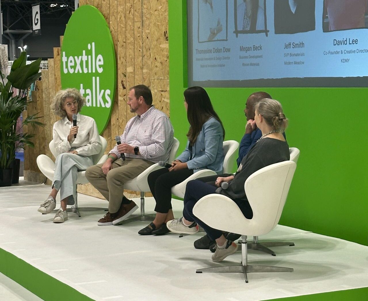 Dow in conversation with (from left to right) Jeff Smith, Modern Meadow, Megan Beck, Rheom Materials, David Lee, KD New York, Jennie McCarthy, Ethos Matters.