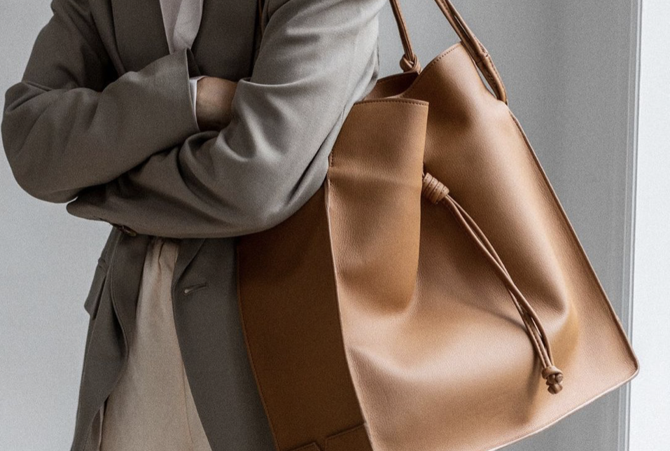 A beige tote bag made of next gen leather made by von Holzhausen.